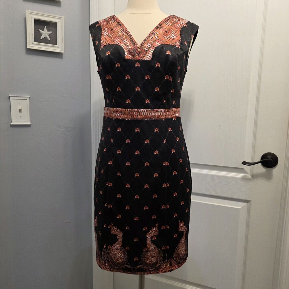 Mackenzie Mode Lined Dress Asian Dragons Print Floral Sheath Sleeveless Womens 8